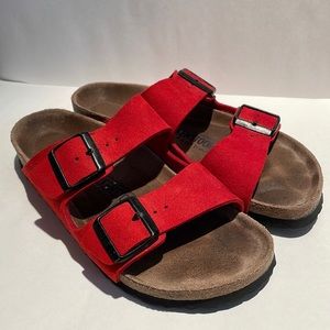 Women’s Red Two Strap Birkenstock Arizona Sandals